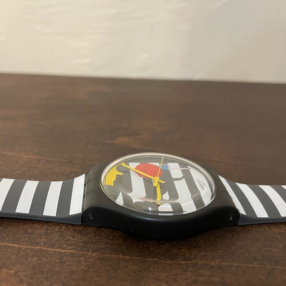 Swatch Black and White Striped Watch with Red and Blue Accents - Picture 4 of 7